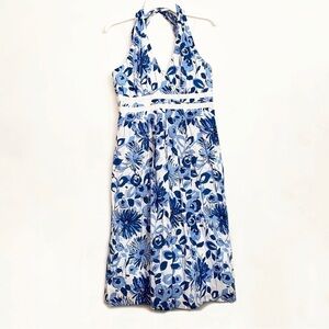 London Times White/Blue Floral Coastal Beach 100% Cotton Halter Top Dress sz 12